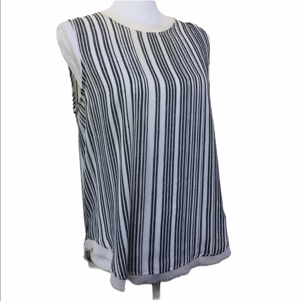 Who What Wear Tank Top Womens Medium White Black Striped Fringe Trim Blouse